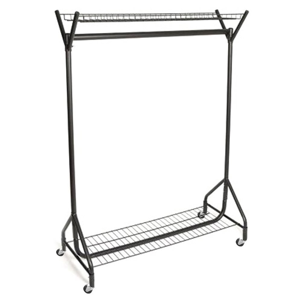 Black Heavy-Duty Clothes Rail With Top and Bottom Shelf