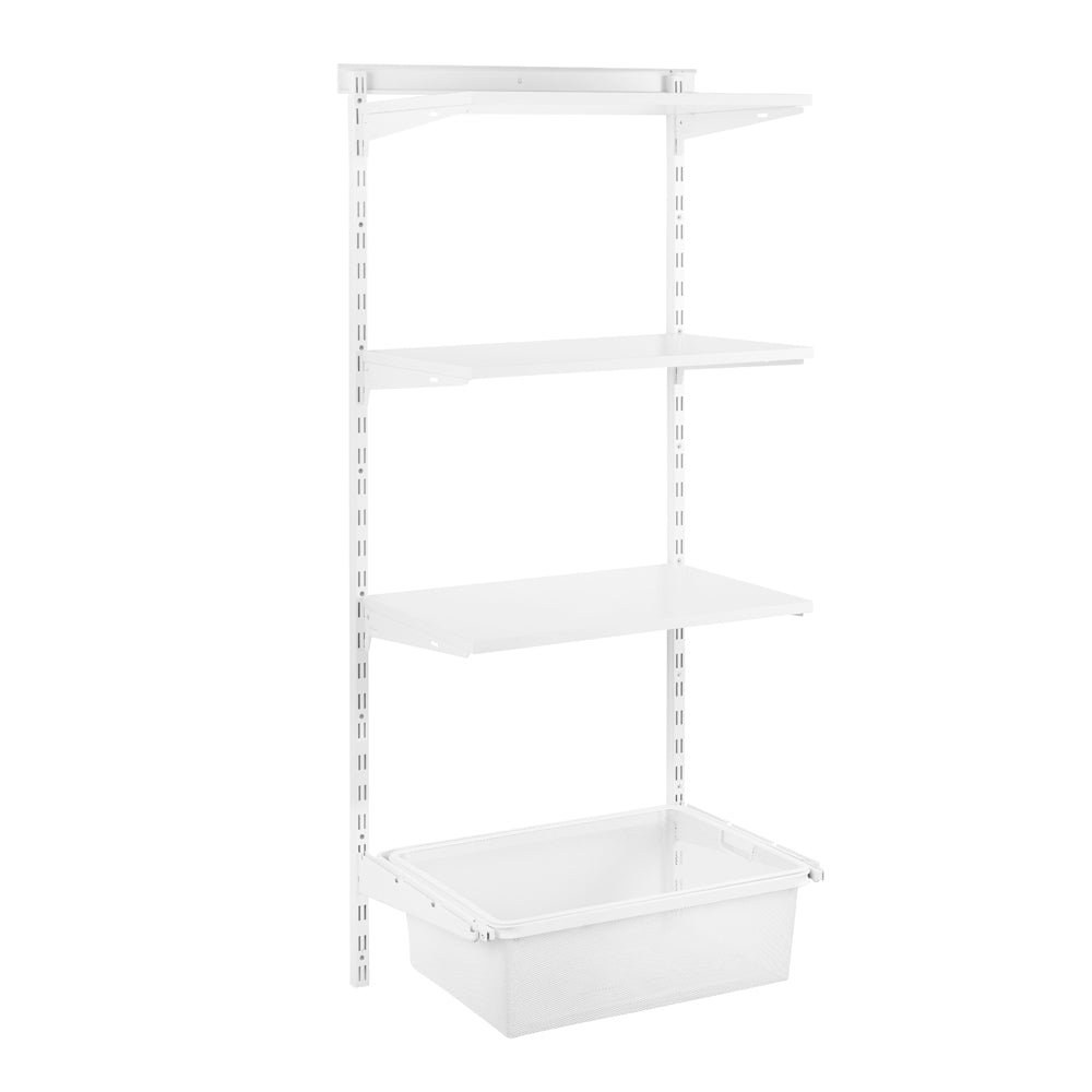 Flexx White Wooden 3 Shelf System with Wire Mesh Basket- H1500mm