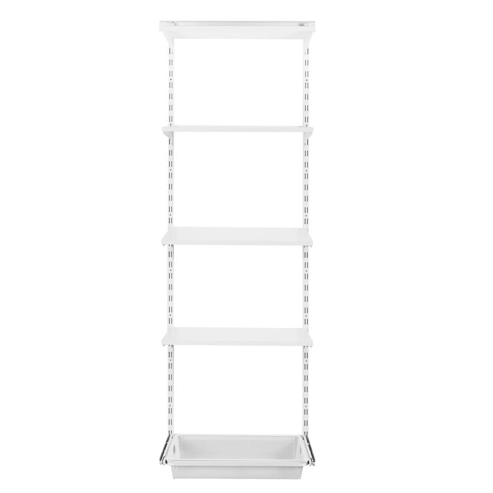 Flexx White Wooden 4 Shelf System with Fine Wire Mesh Basket- H2100mm