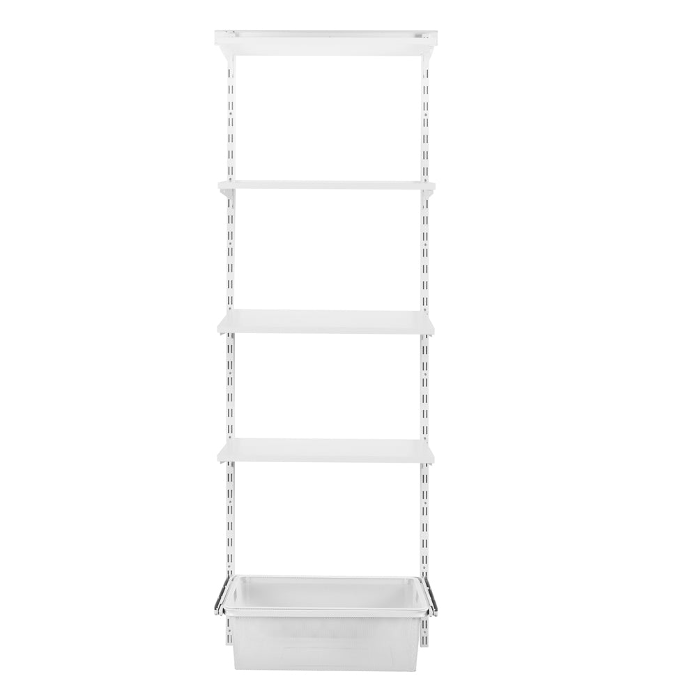 Flexx White Wooden 4 Shelf System with Fine Wire Mesh Basket- H2100mm