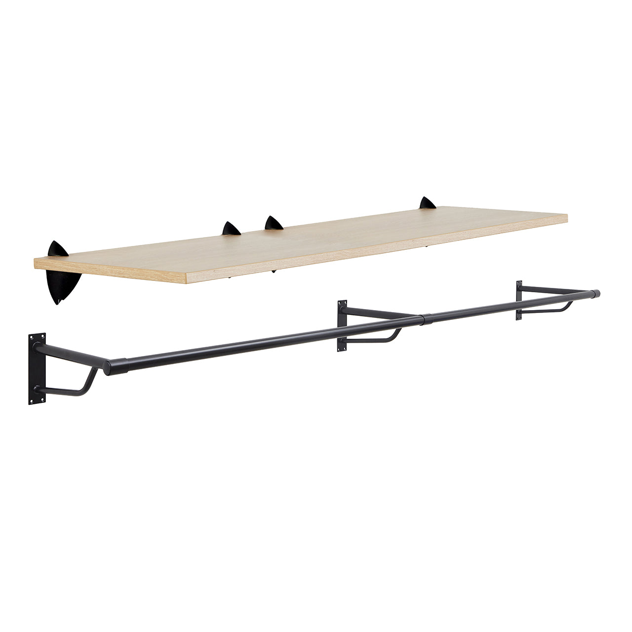 Oak Wooden Shelf and Clips with Black Hanging Rail