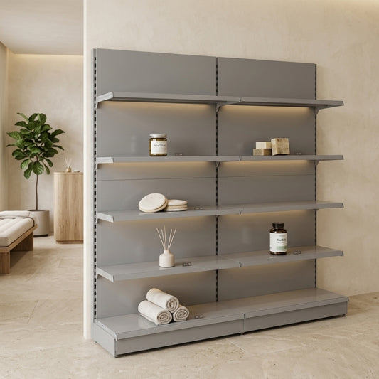 Silver Retail Wall Shelving - 2 Bays With 470mm Base Shelf