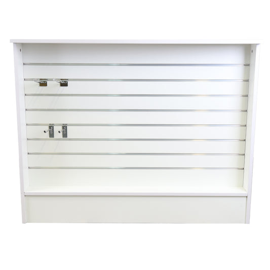White Shop Counter with Slatwall Front & Aluminium Inserts - Silhouette Range