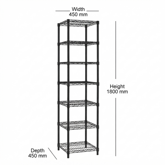 7 Tier Square Black Wire Shelving Unit - W450 x D450mm