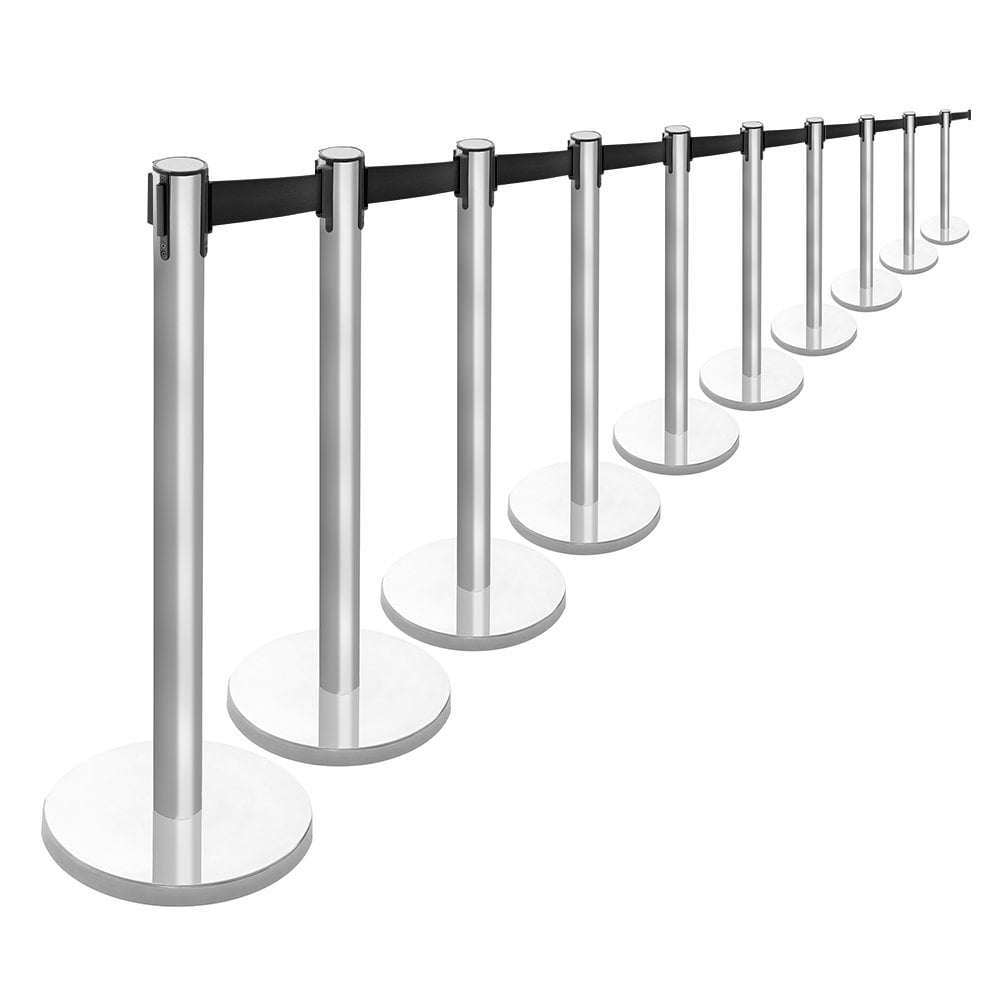 10 x Retractable Belt Barrier Posts - Brushed Stainless Steel Posts with Webbed Belts