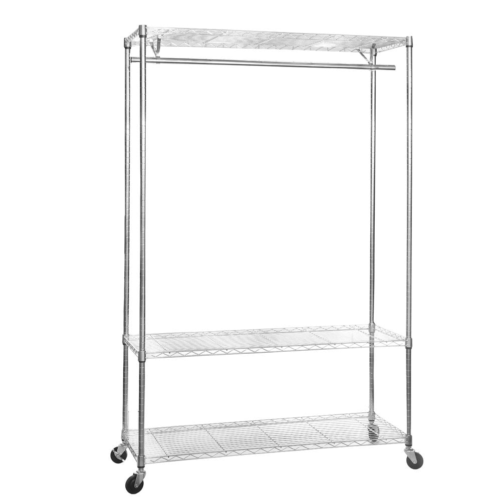 Chrome Wire Clothes Rack with Wheels - 1 x Rail & 3 x Shelves - H1875 x D450mm