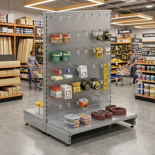 Silver Retail Shelving Modular Gondola Unit - Perforated Back Panels, Euro Hooks, Tickets Holders