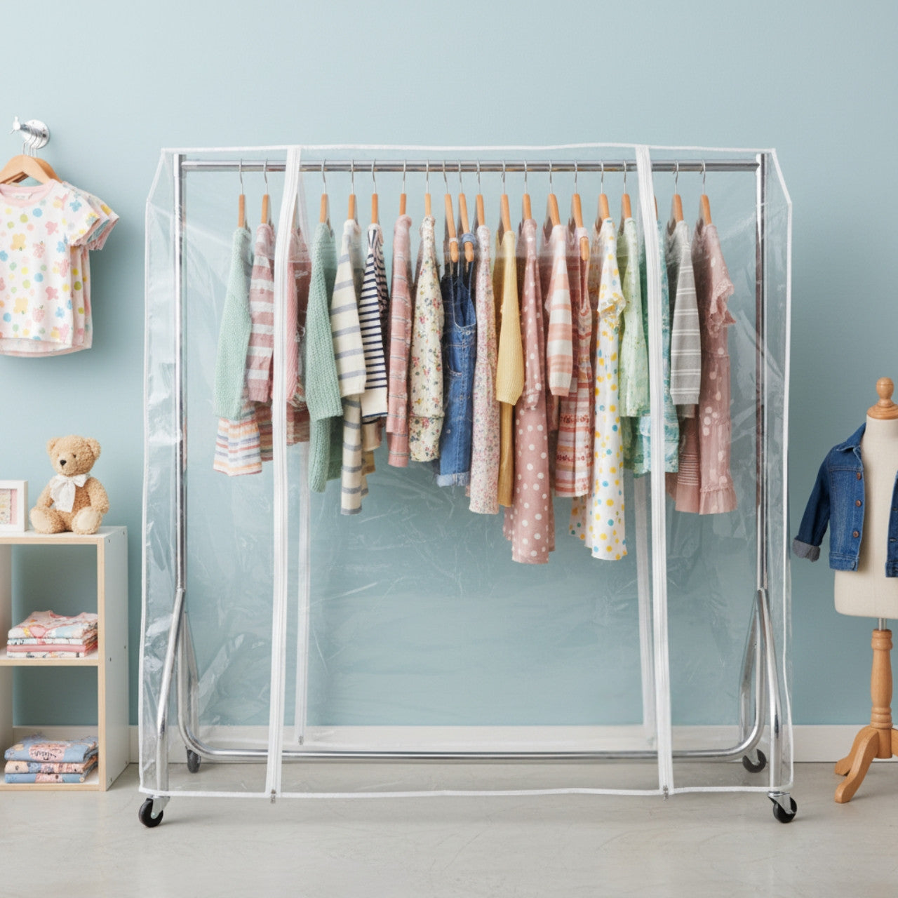 Chrome 4ft Wide Children's Heavy-Duty Clothes Rail With Clear Cover