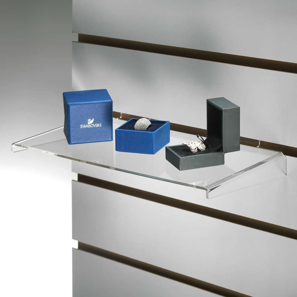 Clear Acrylic Slatwall Shelf with Side Supports - W300 x D200mm