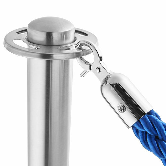 Pair of Rope Barrier Posts - Brushed Stainless Steel Posts with Blue Twisted Rope