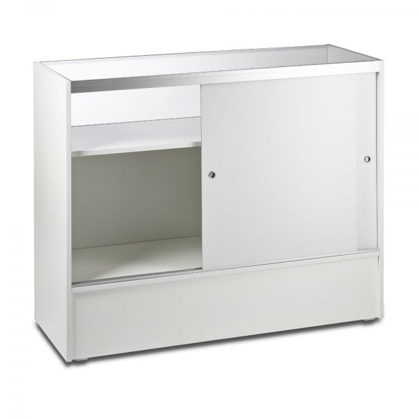 White Shop Counter with 1/4 Glass Display - Silhouette Range