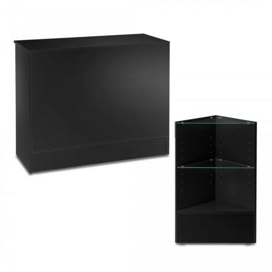 Black Shop Counter and Corner Display Unit with Glass Shelves Bundle - Silhouette Range