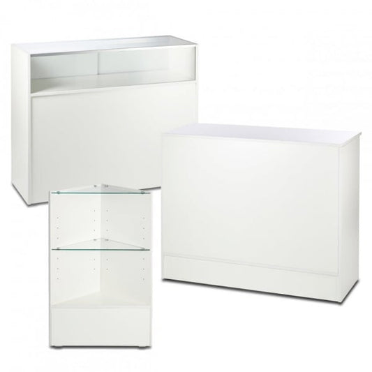White Shop Counter With 1/4 Glass Display and Corner Display Unit Bundle