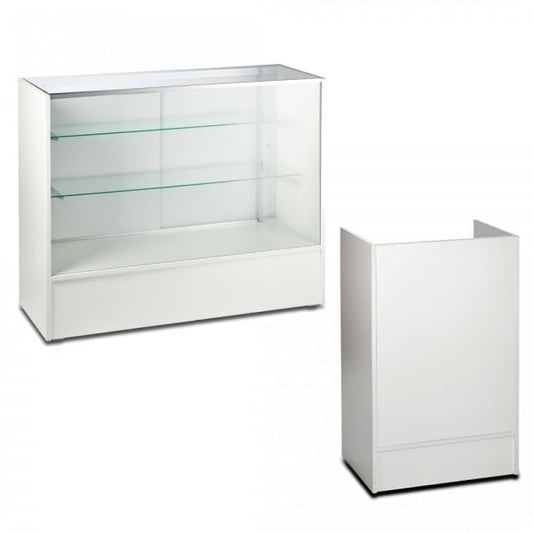 White Shop Counter With 3/4 Glass Display and Till Unit Bundle - Silhouette Range