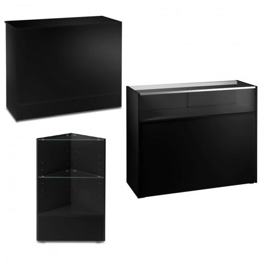 Black Shop Counter With 1/4 Glass Display and Corner Display Unit Bundle