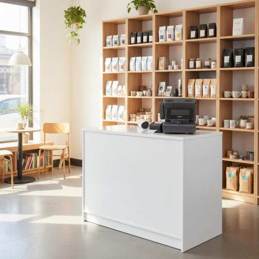 Aura White Shop Counter with Storage