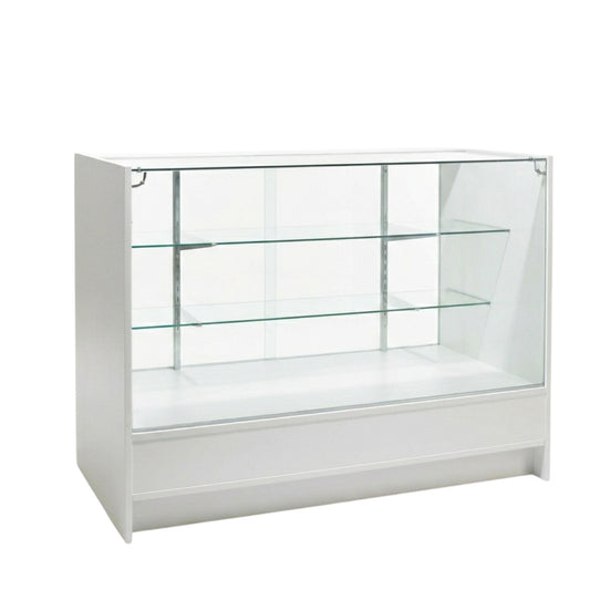 Aura White Shop Counter With Glass Top 2 Shelves and Storage