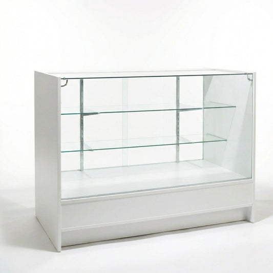 Aura White Shop Counter With Glass Top 2 Shelves and Storage