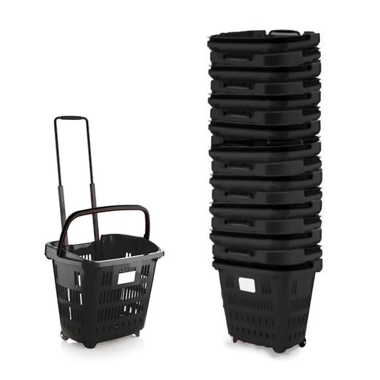 Black Plastic Shopping Basket With Wheels And Telescopic Handle - 34L