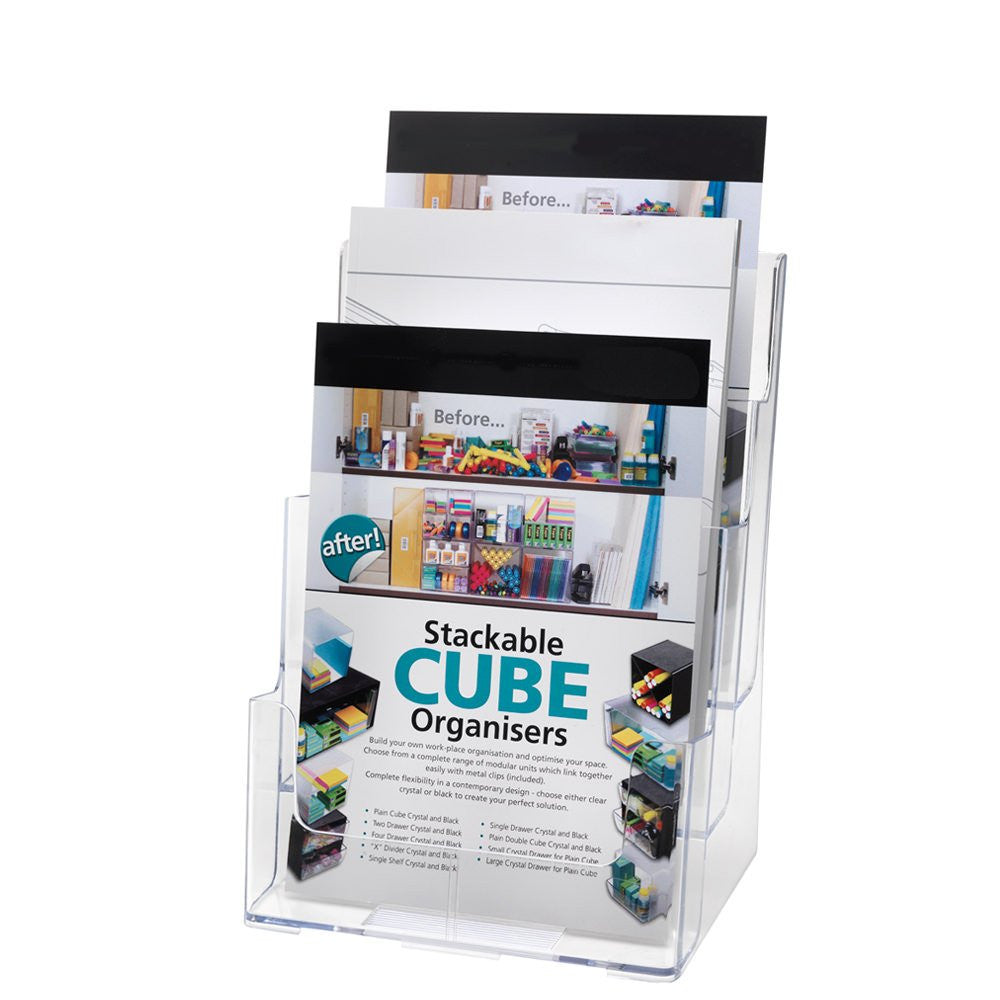 Clear Multi-Tier Leaflet and Brochure Holder - Portrait - 3 pockets, A4