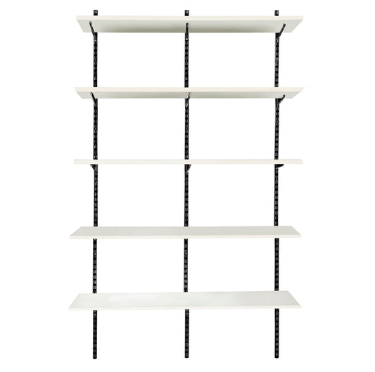 Black & White Twin Slot Shelving Kit - H1980mm, 3 Uprights & 5 White Wooden Shelves