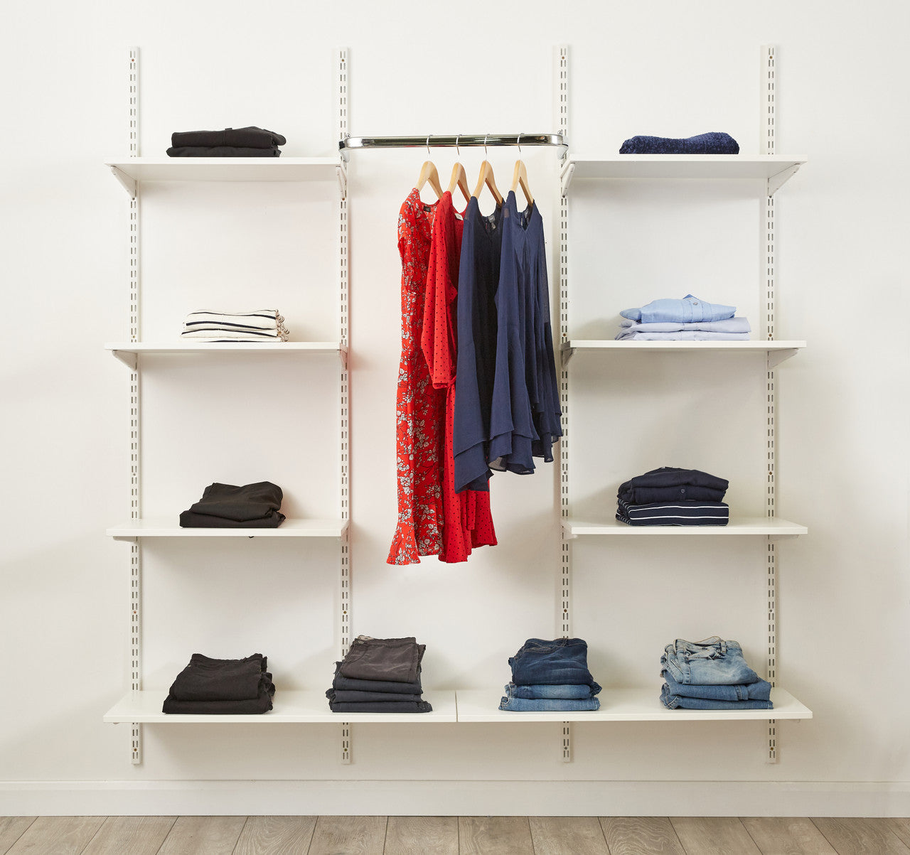 White Twin Slot Shelving Kit - H1980mm, 4 Uprights, 8 Shelves & Hanging Rail