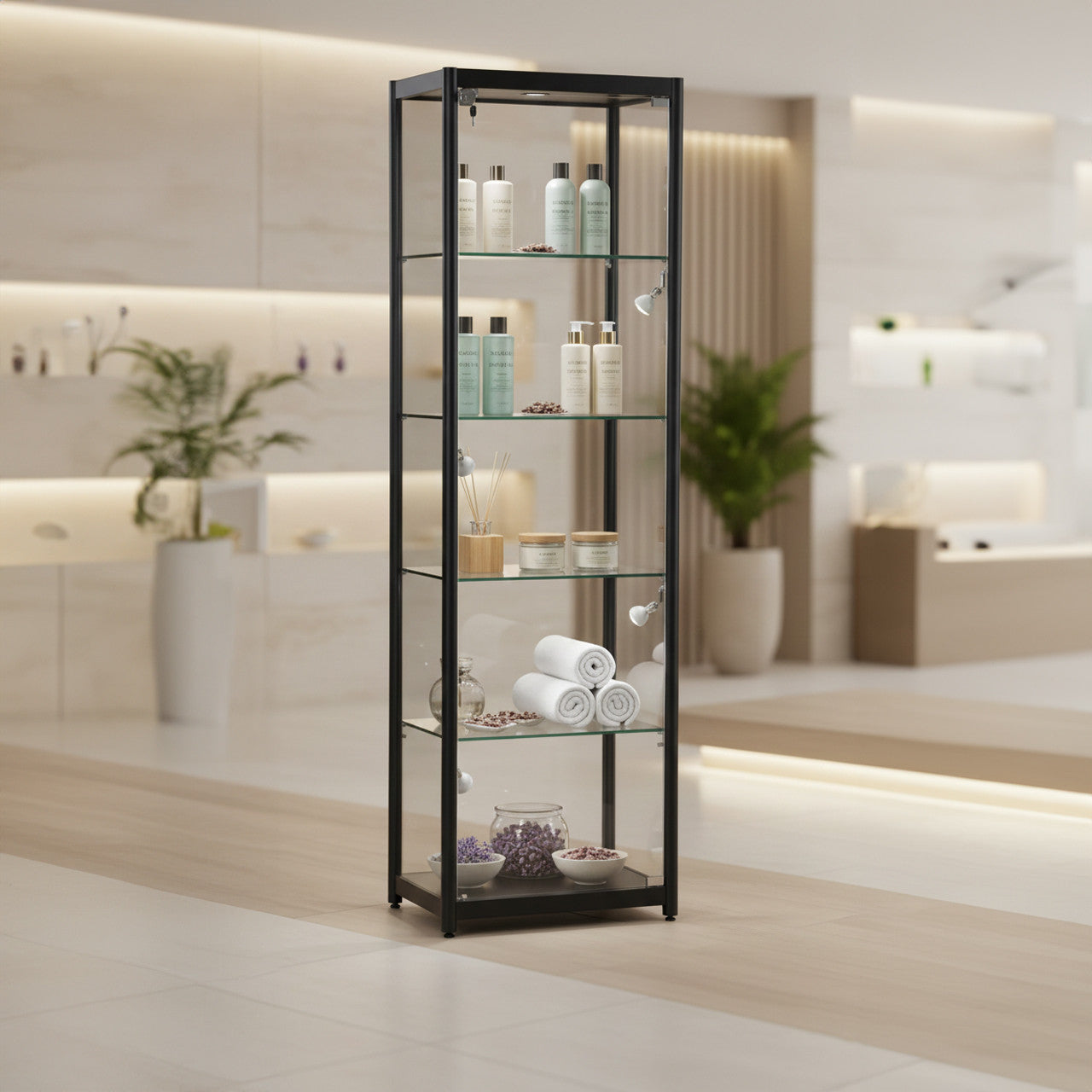 Skyline Black Tower Showcase All-Glass Display with 4 Glass Shelves - Single Door