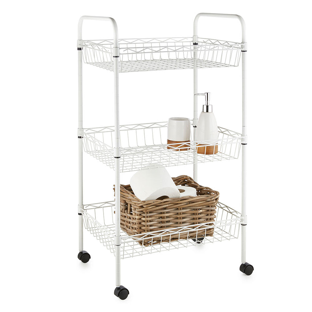 3 Tier White Wire Shelf Trolley with Handles - H800 x W450 x D350mm