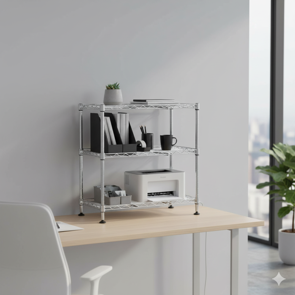 3 Tier Mini Chrome Wire Shelving Unit - H450 x W450 x D250mm