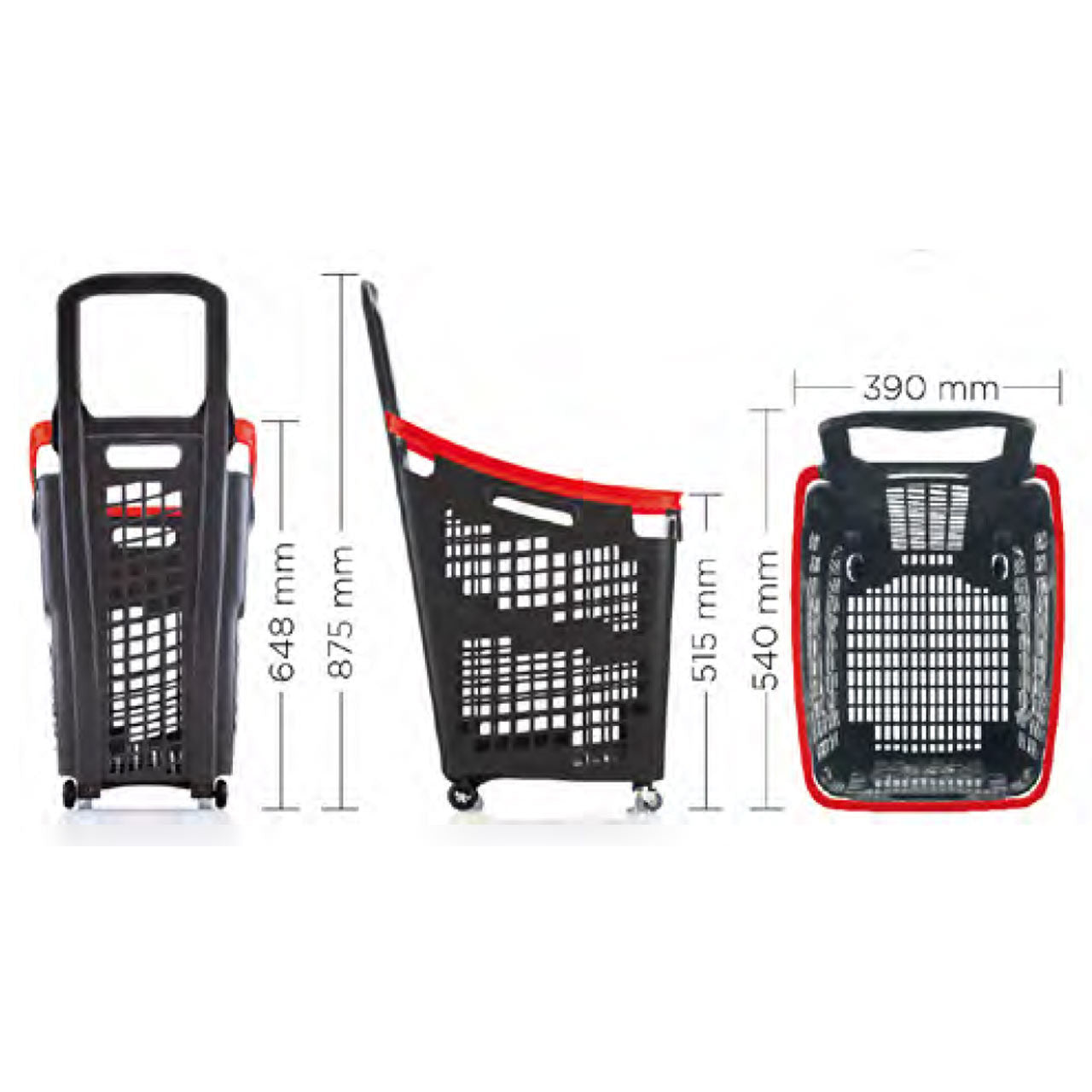 Pack of 6 Large Red Plastic Shopping Basket With Wheels And Fixed Handle - 65L