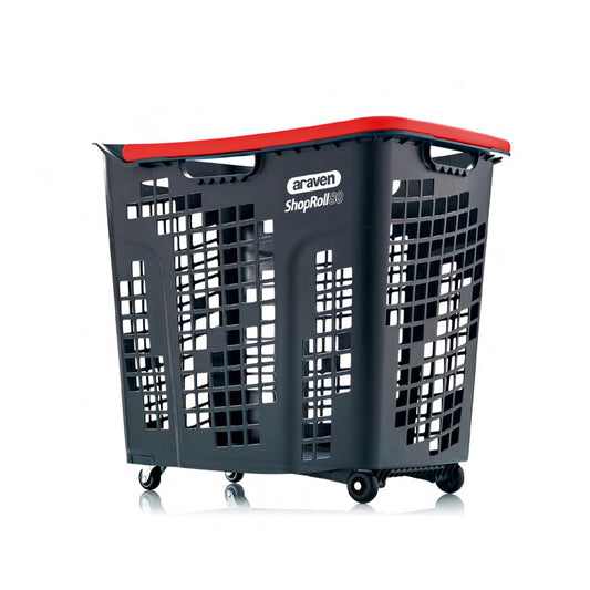 Pack of 9 Extra Large Black Plastic Shopping Basket With Red Handle and Wheels - 80L