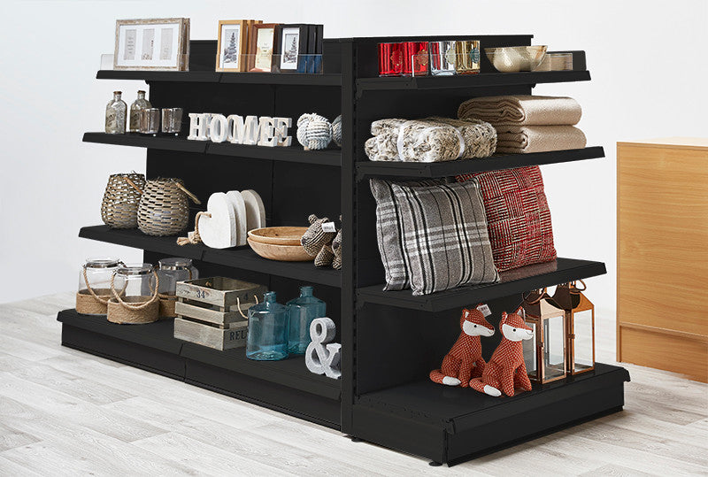 Black Retail Gondola Shelving - 3 x H1800 x W1250mm Bays - 24 Shelves