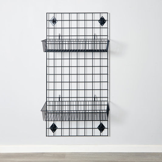 Black 4ft Wall-Mounted Grid Mesh Display with 2 x Wire Baskets