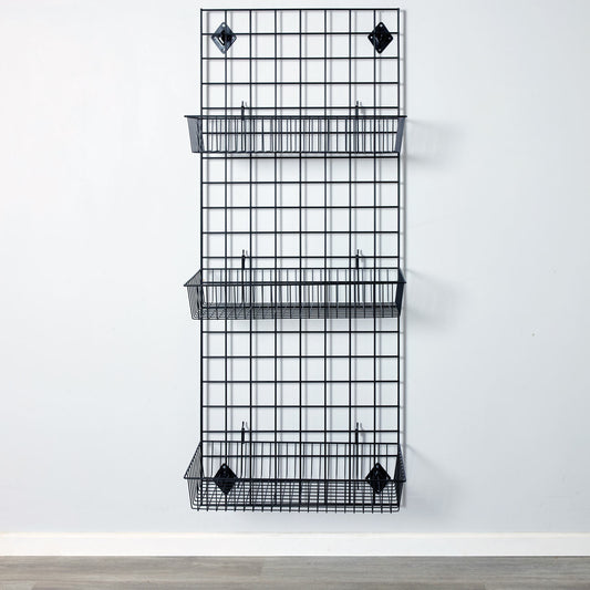 Black 5ft Wall-Mounted Grid Mesh Display with 3 x Wire Baskets
