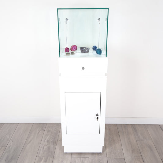 Halo White Glass Display Tower Showcase Plinth with Lockable Cupboard