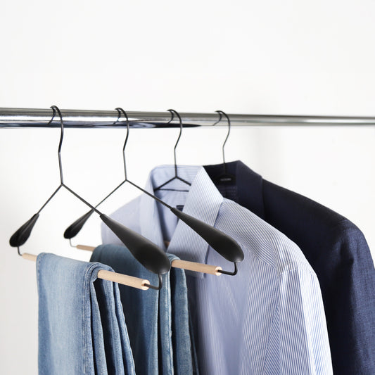 Black Metal Suit Hangers with Beech Wood Trouser Bar & Extra Shoulder Support - 44cm