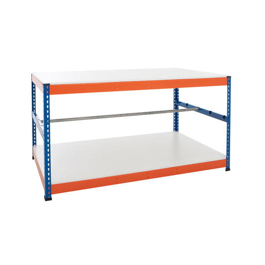 Blue & Orange Workbench With Reel Bar & 2 x Melamine Shelves - Up To 400kg UDL