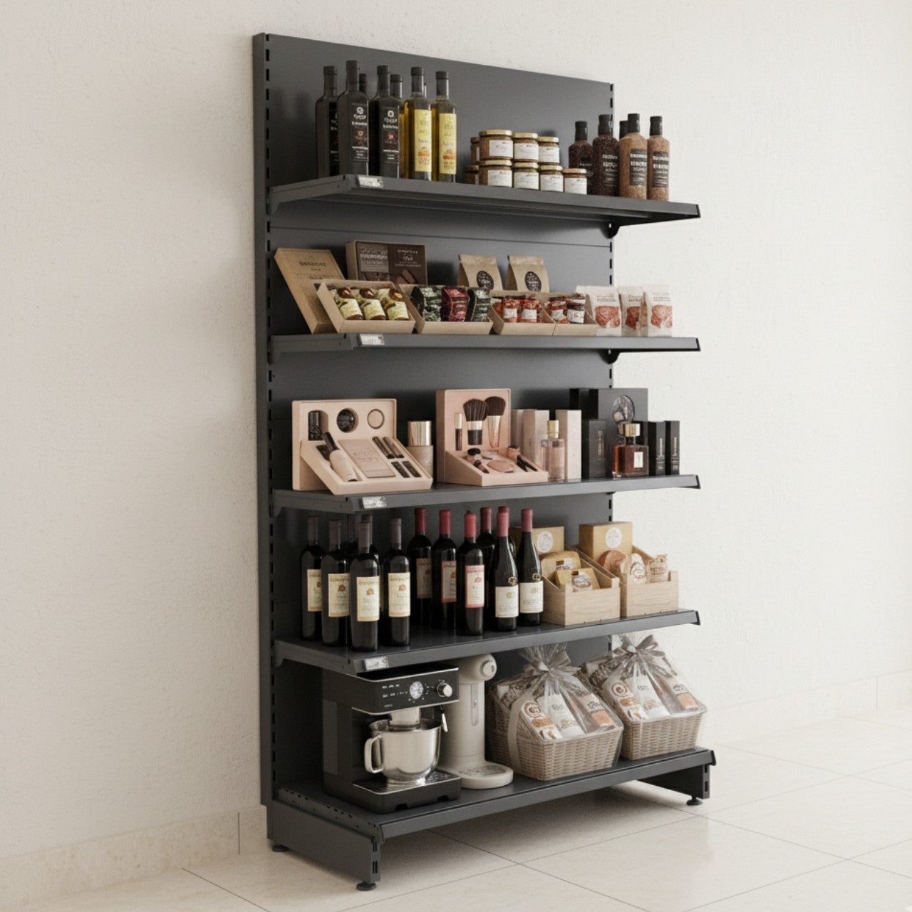 Dark Grey Retail Wall Shelving - 3 Bays With 470mm Base Shelf