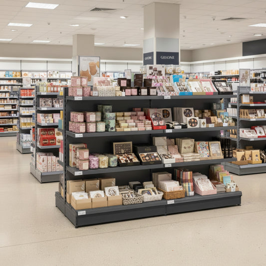 Dark Grey Retail Gondola Shelving - 2 Bays - 1400mm High With 470mm Base Shelf
