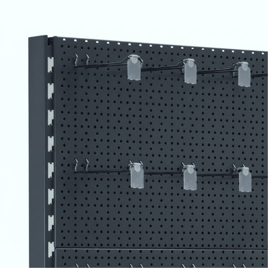Trade & Exhibition Stand - Dark Grey Retail Shelving Wall Unit - Perforated Back Panels with 32 Hooks - H2100mm