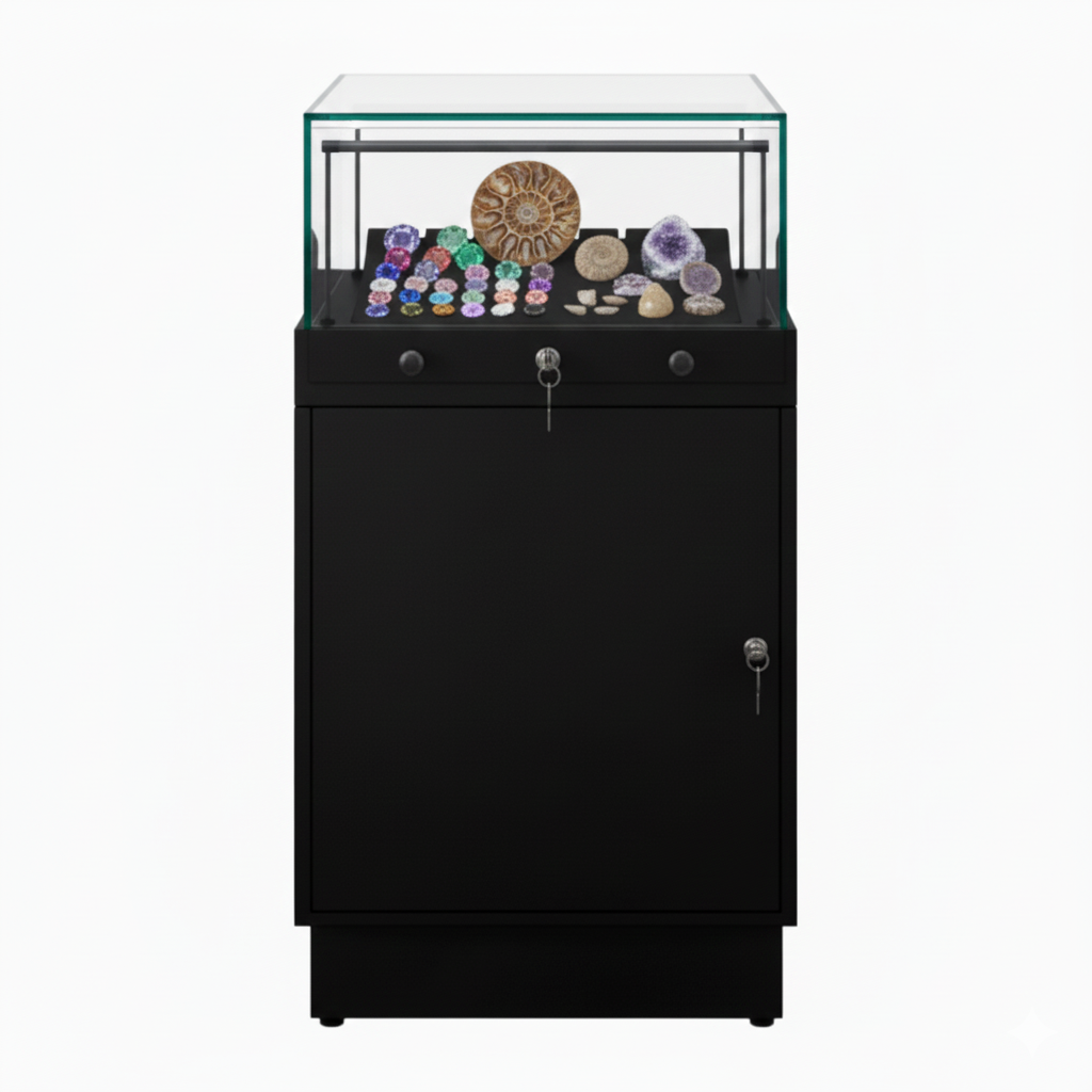 Halo Black Glass Display Showcase Counter with Lockable Cupboard