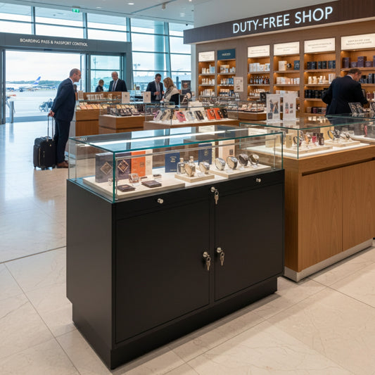 Halo Black Glass Display Showcase Counter with 2 Lockable Cupboards