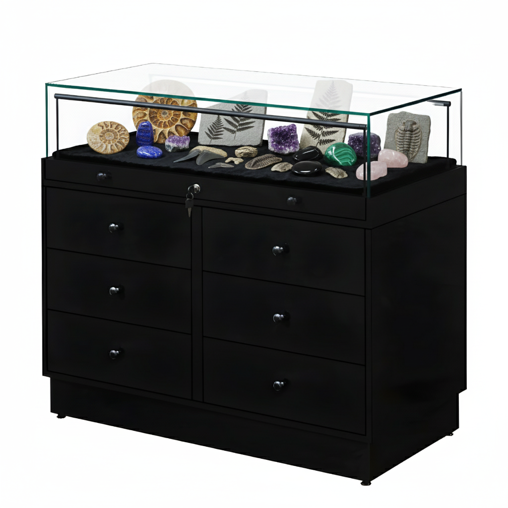 Halo Black Glass Display Showcase Counter with 6 Drawers