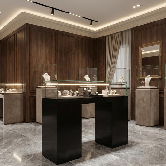 Halo Black Glass Display Showcase Counter with 6 Narrow Drawers