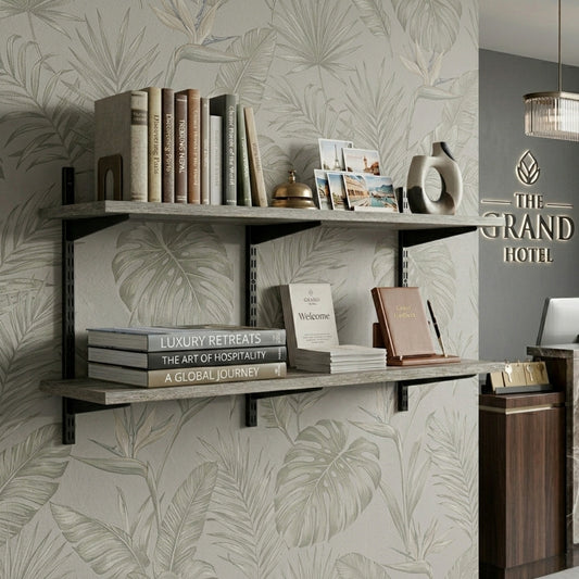 Black & Eternity Oak Twin Slot Shelving Kit - H430mm x W1200mm, 3 Uprights & 2 Wooden Shelves