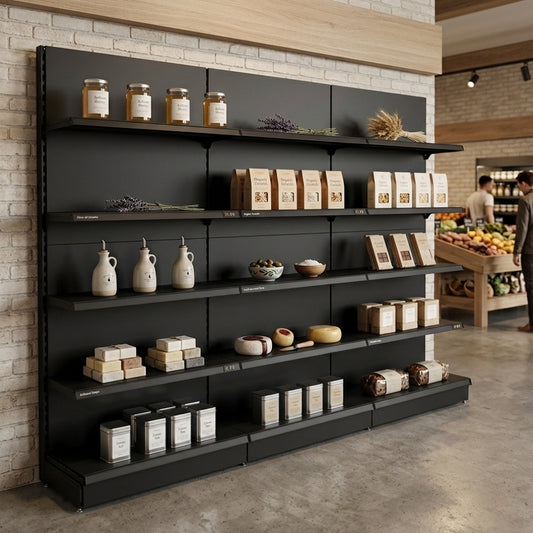 Black Retail Wall Shelving - 3 Bays With 470mm Base Shelf
