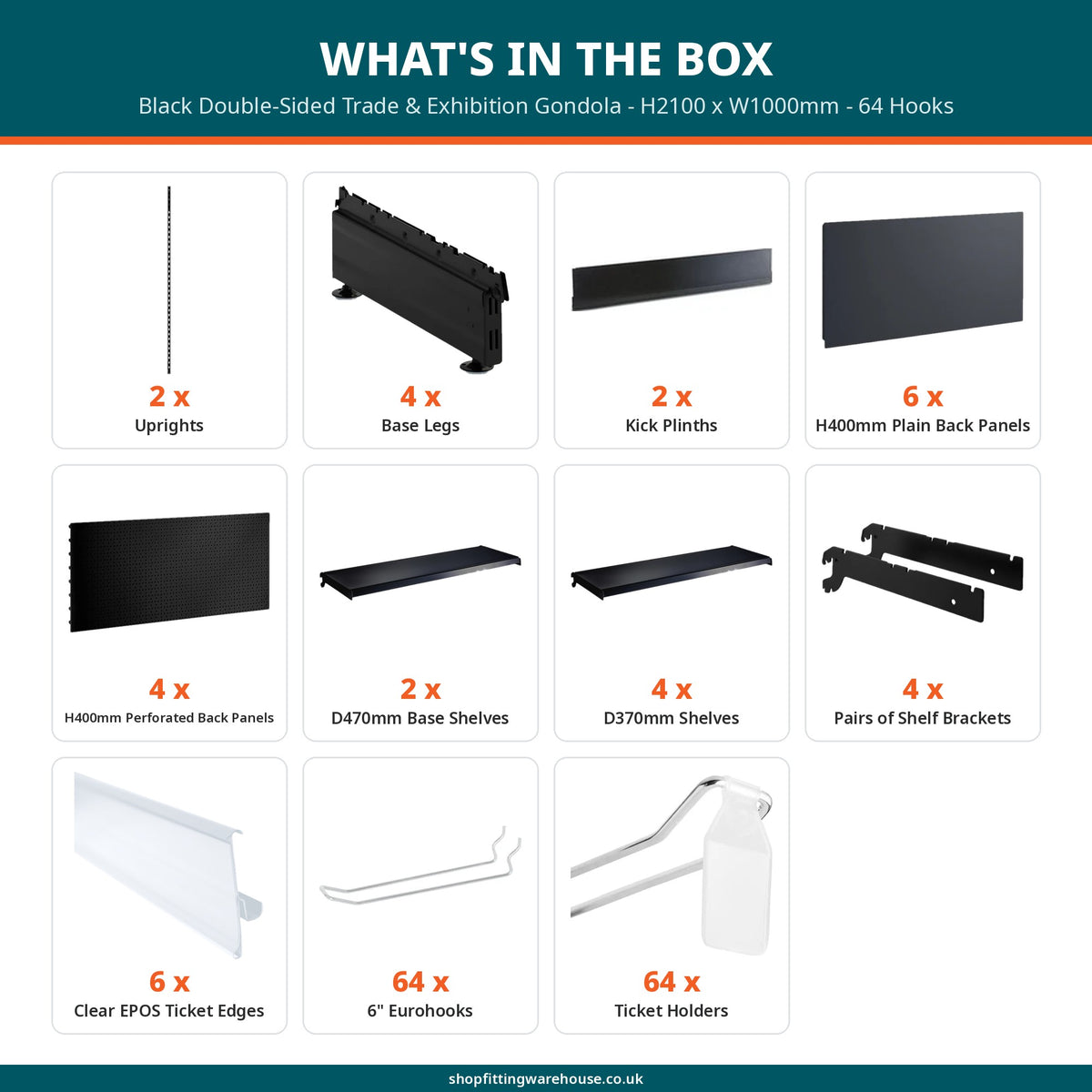 Black Double-Sided Trade & Exhibition Gondola - H2100 x W1000mm - 64 Hooks