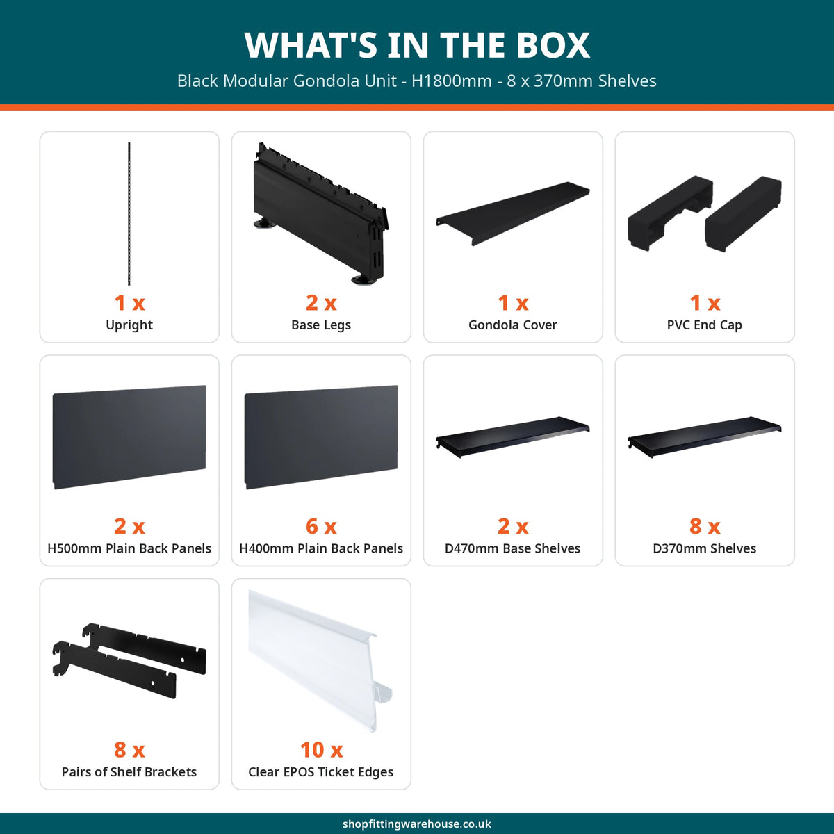 Black Modular Gondola Unit - H1800mm - 8 x 370mm Shelves