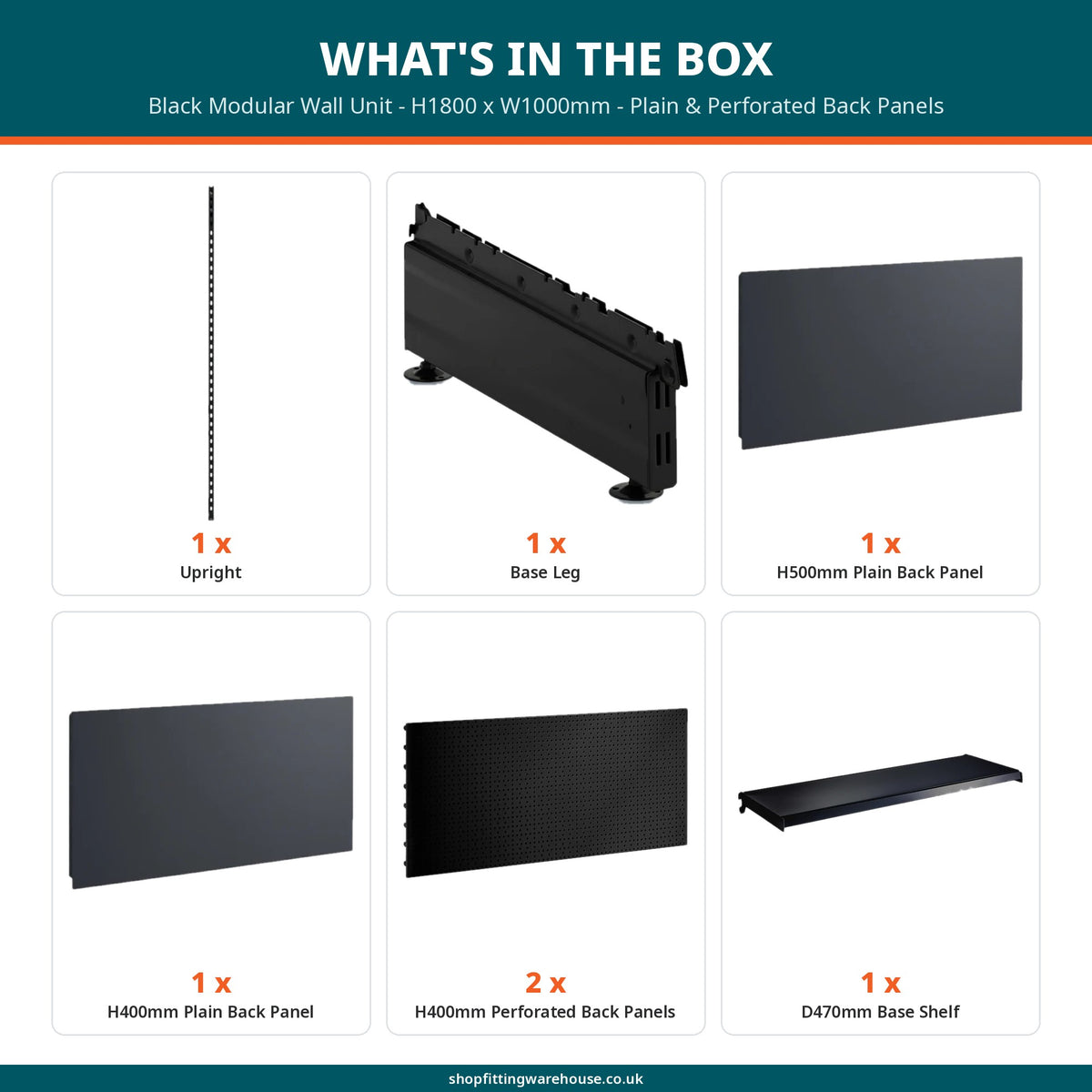 Black Modular Wall Unit - H1800 x W1000mm - Plain & Perforated Back Panels