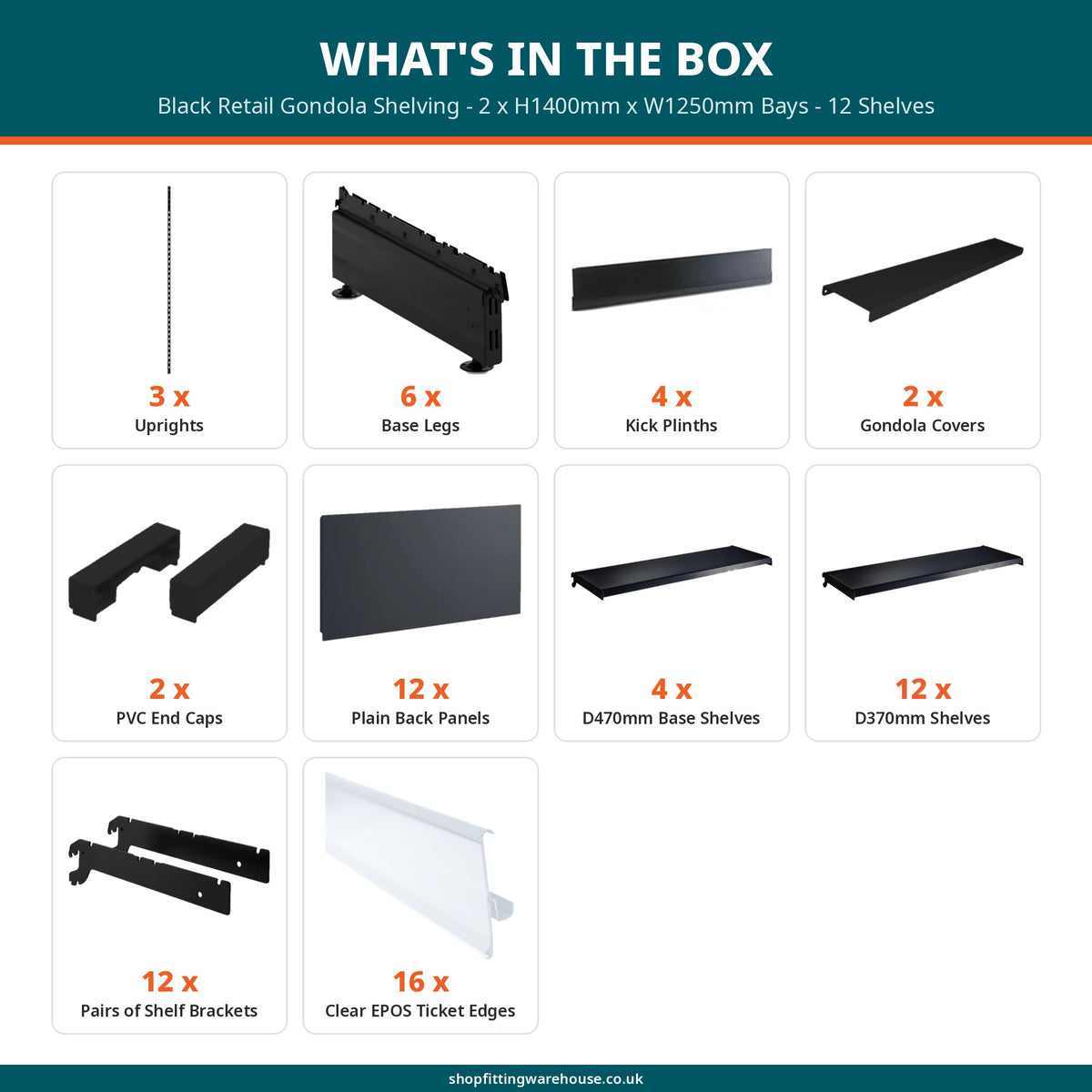 Black Retail Gondola Shelving - 2 x H1400mm x W1250mm Bays - 12 Shelves